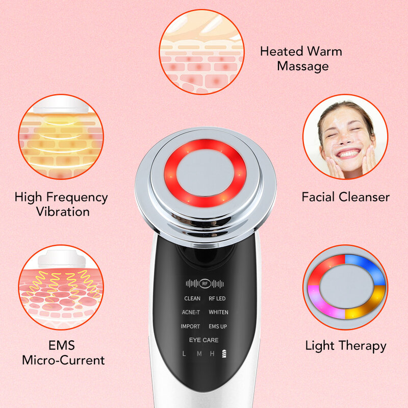 7 In 1 Facial Massager Mesotherapy คลื่นวิทยุสำหรับใบหน้าอุปกรณ์วิทยุความถี่ EMS กระชับผิว Lifting อุปกรณ์ LED Care