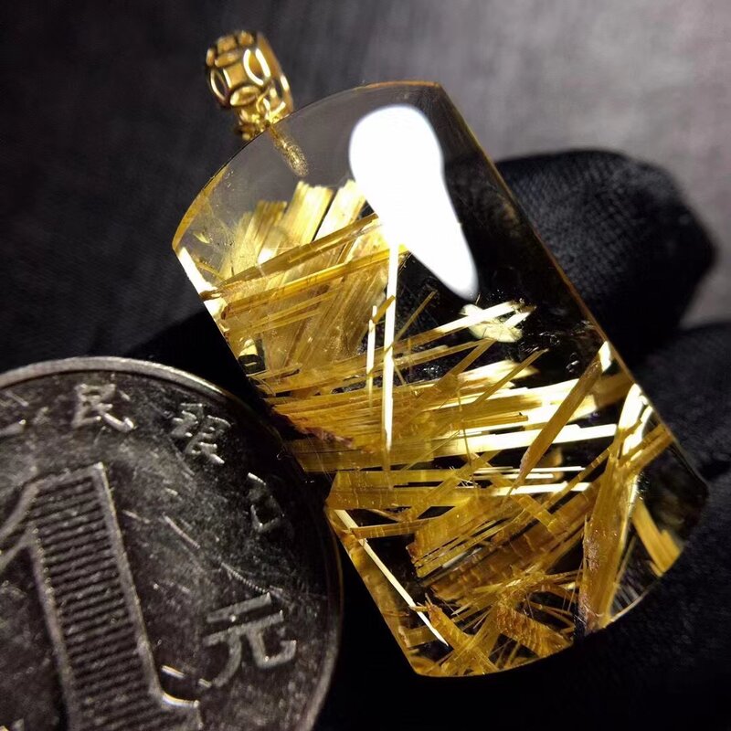 Pendentif Rectangle en Quartz rutilé en or naturel, 28.2x16.5x9mm, bijoux en cristal à la mode, AAAAAA