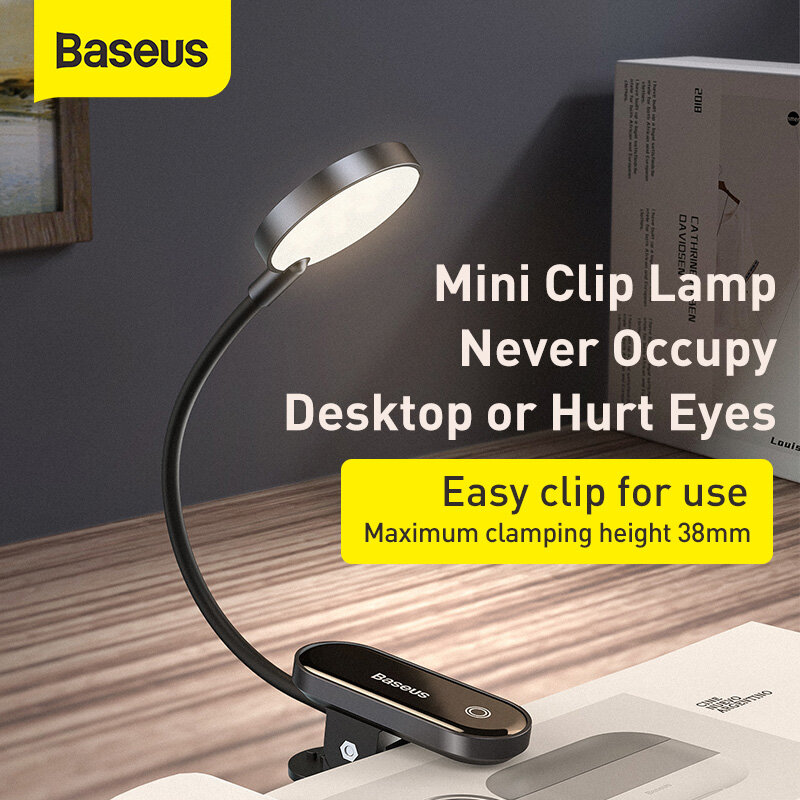 Lampu Buku Baseus Lampu Meja Clip-On Mini Isi Ulang Led USB Lampu Baca Lampu Malam Fleksibel untuk Buku Kamar Tidur Travel