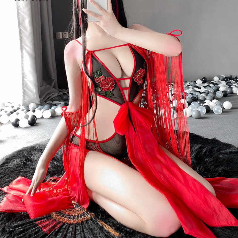Сексуальные костюмы для косплея, кружевной танцевальный костюм с лентой, прозрачное женское эротическое белье, Красное Облегающее горячее ...