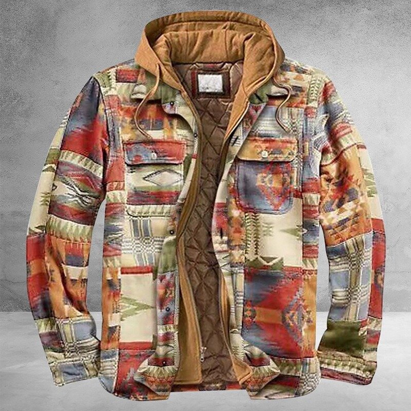 Men Retro Vintage Spring Winter Long Sleeve Plaid Shirt Jacket For Men Checked Jacket Coat Overcoat Hooded Pocket Jacket Coat
