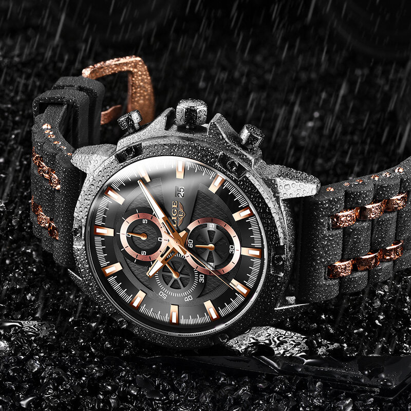 LIGE-montre-bracelet étanche pour homme, chronographe, bracelet militaire, en Silicone, marque de luxe, horloge de Sport, 2020