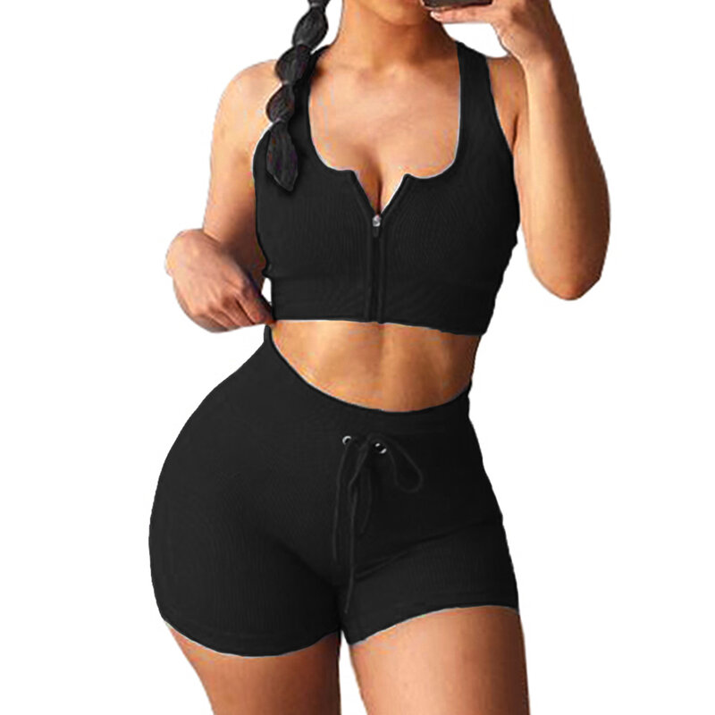 Pakaian Olahraga Mulus Set Yoga Wanita Celana Pendek Push Up Pinggang Tinggi Atasan Crop Ritsleting Serut Pakaian Olahraga Lari Pakaian Olahraga Kebugaran
