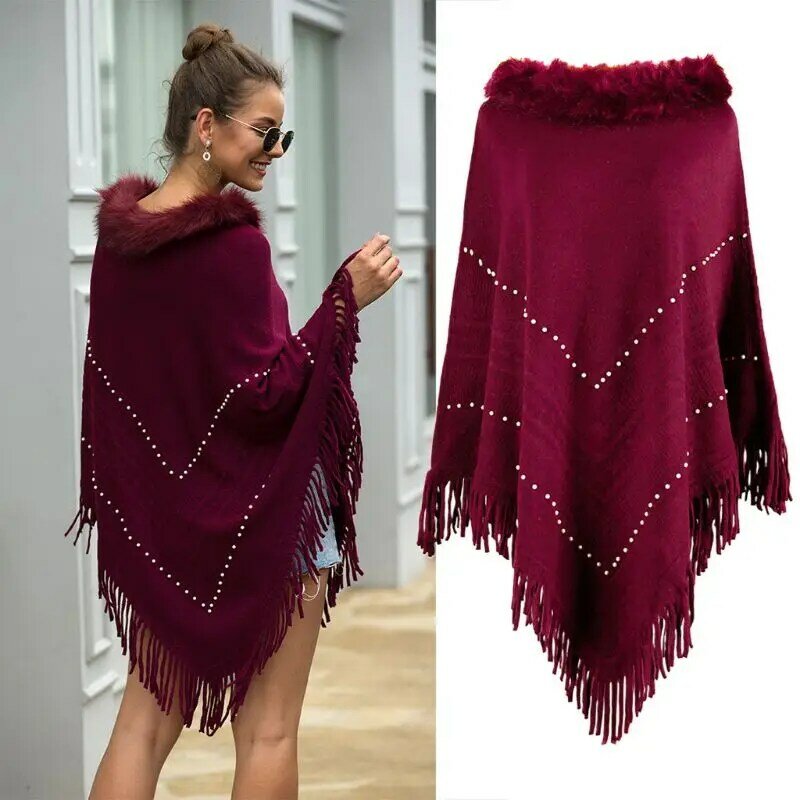 Women Plush Collar Knit Pullover Sweater Top Fringe Tassel Shawl Wrap Batwing Faux Pearl Beading Geometric Striped Poncho Cape
