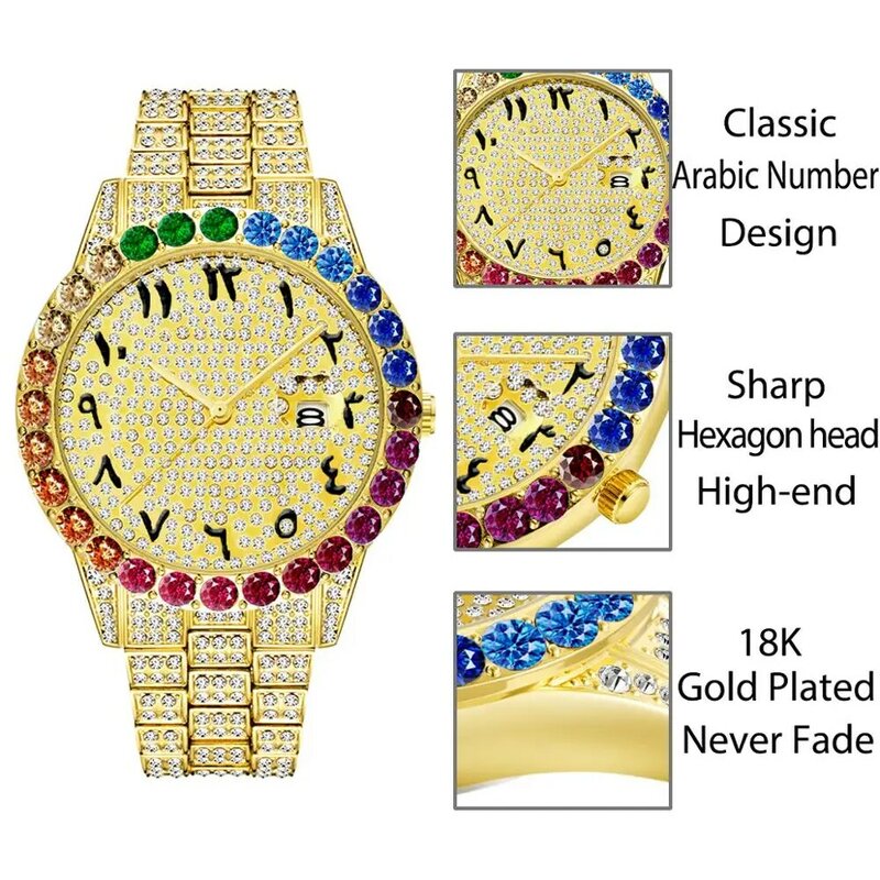 العلامة التجارية الأعلى ساعة رجالي قوس قزح الماس كوارتز الذهب كبير الهاتفي ساعات الأعمال