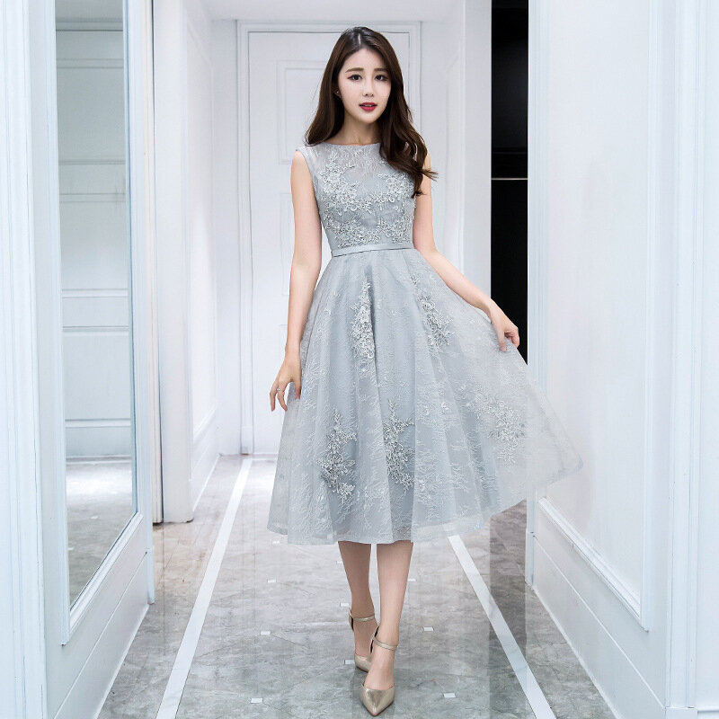 Evening Dresses 2019 New Spring Banquet Party Dress Illusion O-neck Tea Length Appliques Silver Prom Dress Robe De Soiree