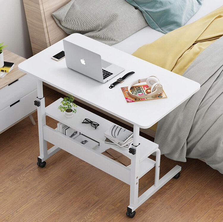 Meja Laptop Kayu dengan Roda Rak Penyimpanan Tinggi Dapat Disesuaikan Meja Laptop Komputer Meja Berdiri untuk Tempat Tidur Sofa Samping