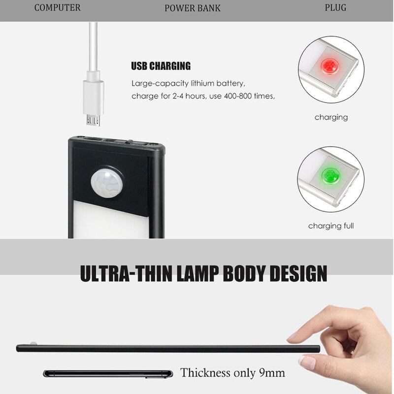 3 Màu Mờ Bếp Đèn LED Tủ Đèn Cảm Biến Chuyển Động Cảm Biến Nhiệt LED USB Sạc Vỏ Nhôm Đèn Đèn Ngủ