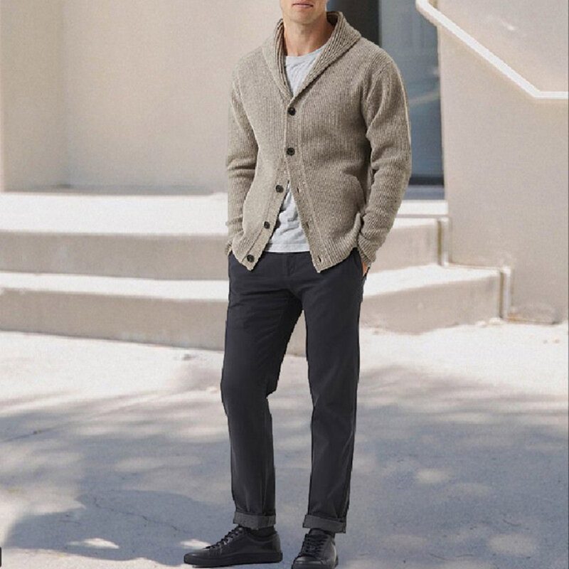 Cardigan à manches longues pour homme, chandail de couleur unie, Slim, à la mode, tricoté, décontracté, à revers, Simple, nouvelle collection automne 2021