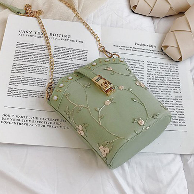 Women Fashion Commuting Bag Personalized PU Leather Flower Embroidery Shoulder Bag Chic Chain Bucket Bag