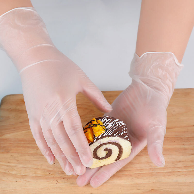 100 Buah Sarung Tangan PVC Sekali Pakai Sarung Tangan Vinil Transparan Bubuk Tebal Aman untuk Dapur/Pembersih/Makanan/Kue/Kecantikan