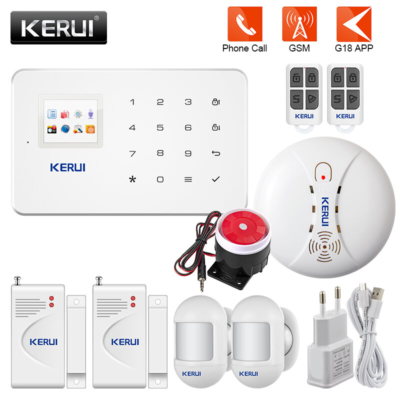 KERUI – Kit système d'alarme de sécurité domestique G18, GSM, contrôle par application, écran couleur TFT 1.7 ", avec détecteur de mouvement, Anti-vol