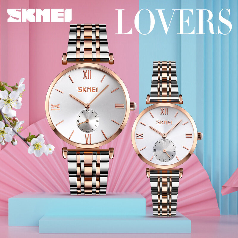 SKMEI TOP Luxury Couple Watch Golden Fashion Stainless Steel Lovers Watch Quartz Wrist Watches For Women & Men Analog Wristwatch