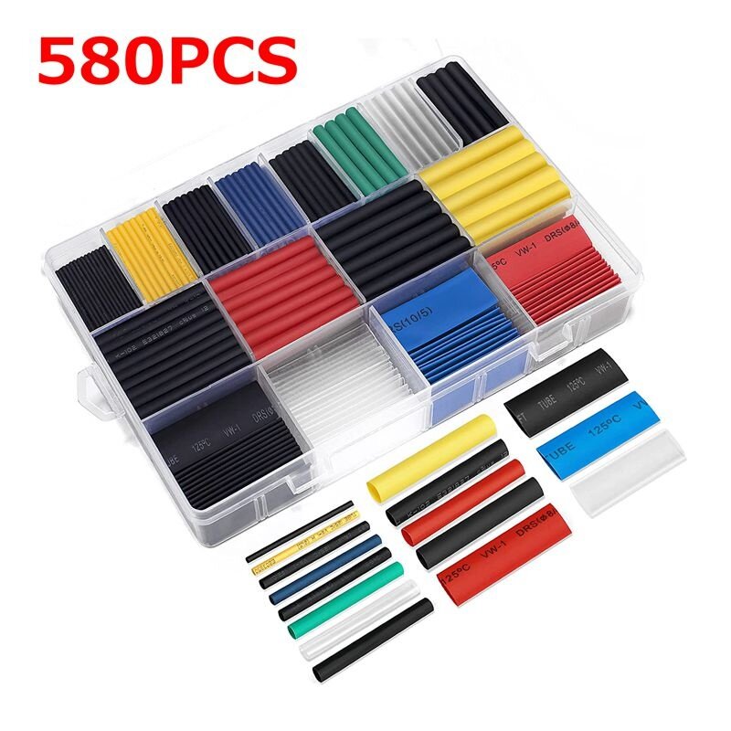 580 Buah/Kotak Kit Tabung Panas Menyusut 2:1 6 Warna 11 Ukuran Berbagai Macam Kit Kawat Kabel Pembungkus Tabung untuk DIY