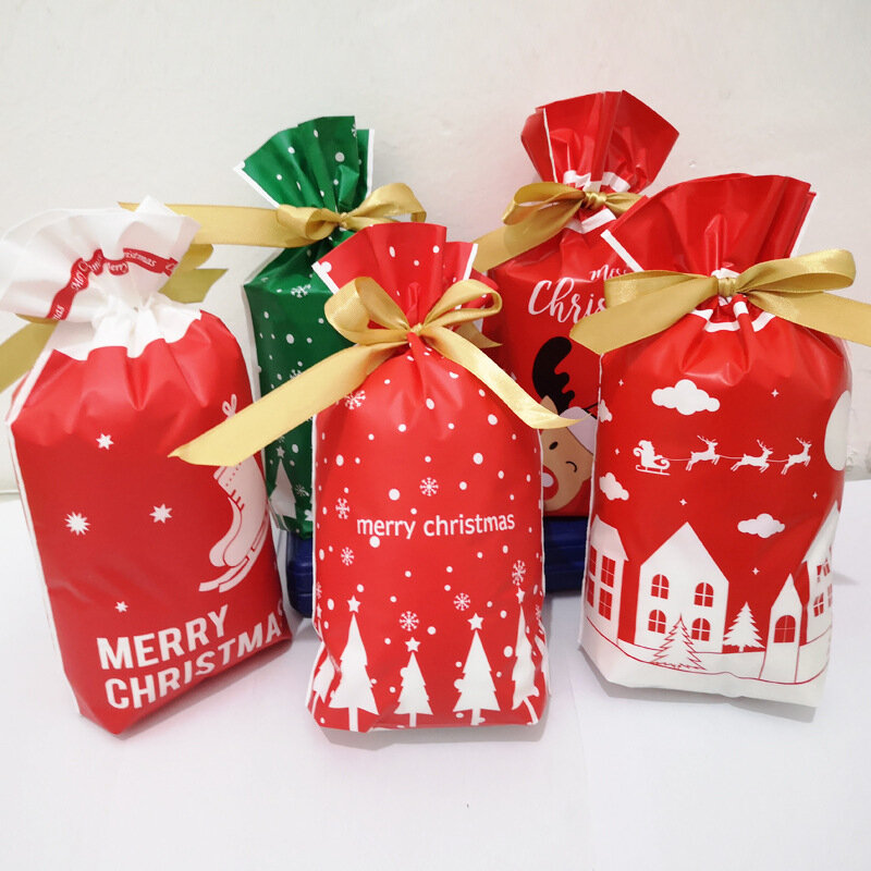 5/10Pcs Red Plastic Candy Bags Christmas Elk Candy Sweet Treat Bags Xmas Festival Gifts Holders Baking Biscuit Cookies Packaging