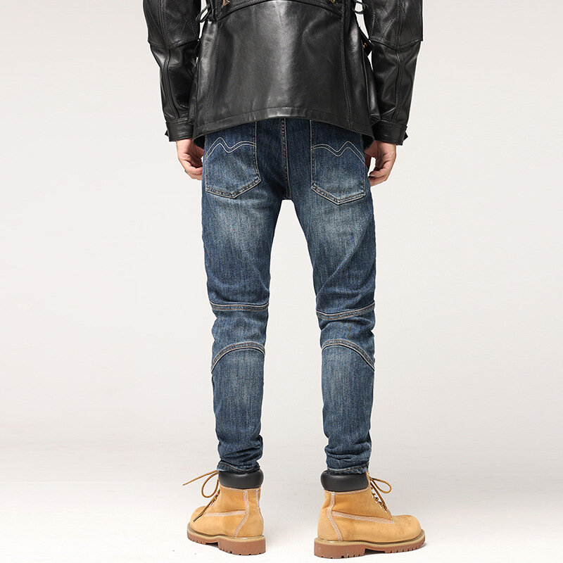 Moda de rua dos homens jeans retro azul elástico fino ajuste emendado designer biker jeans estilo punk hip hop calças jeans