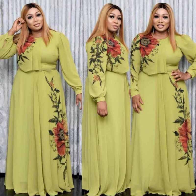 Md 2021 vestidos de verão para as mulheres africano impressão chiffon abaya ancara dashiki maxi vestido manga longa elegante roupas das senhoras boubou