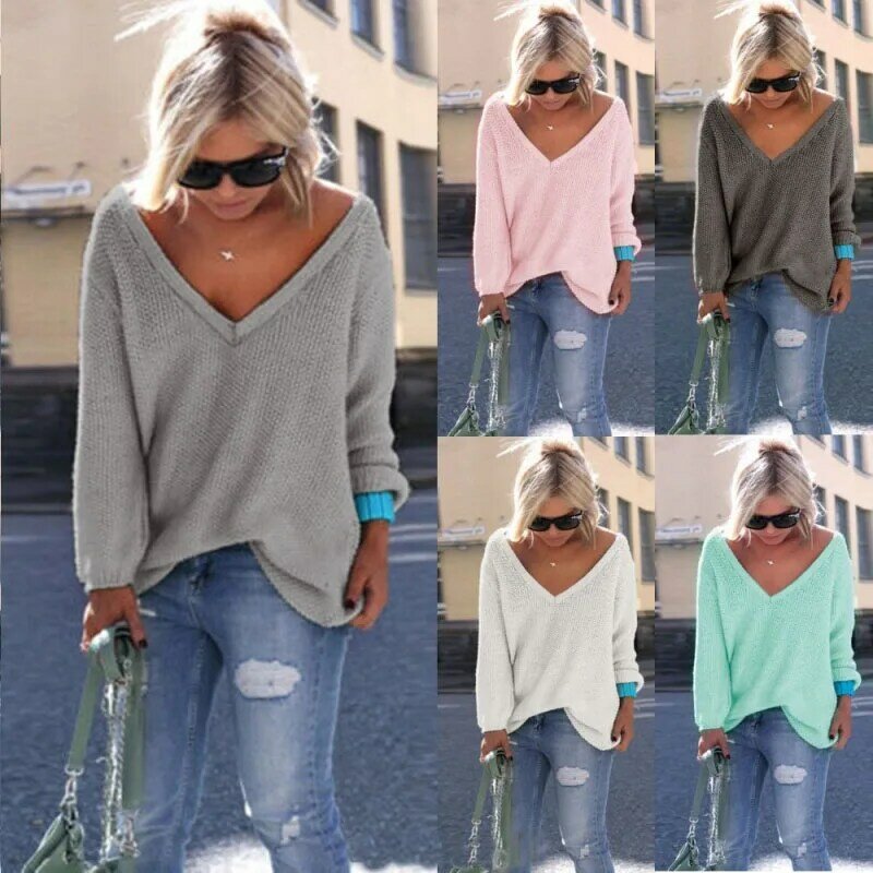 Women's Loose Knitted Pullover Jumper Sweater V Neck Long Sleeve Knitwear Tops