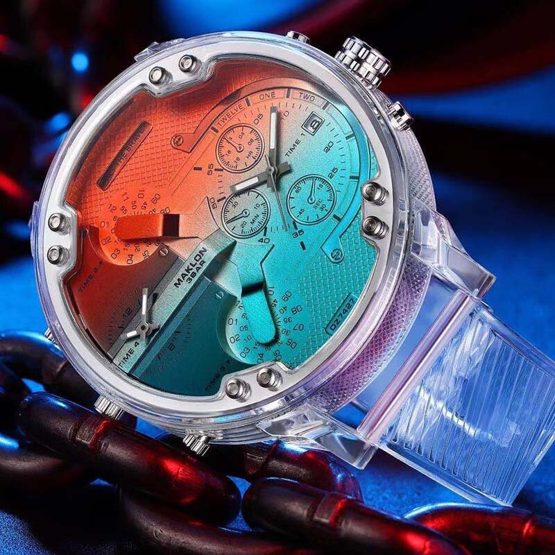 6cm super legal grande caso relógio de quartzo dos homens da forma relógios transparentes silicone esportes relógio de pulso homem duplo tempo relogio novo