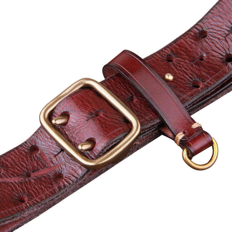 Cinturón de cobre con hebilla de doble pin para hombre, moda de lujo, Retro, de piel de vaca pura de primera capa, con cinturones elegantes de cuero genuino
