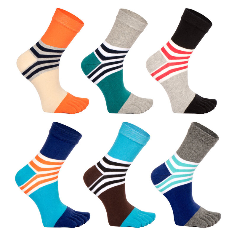 5pairs/lot Cotton Man Short Socks With Toes Striped Colorful Anti-Bacterial Breathable Warm Five Finger Party Dress Long Socks