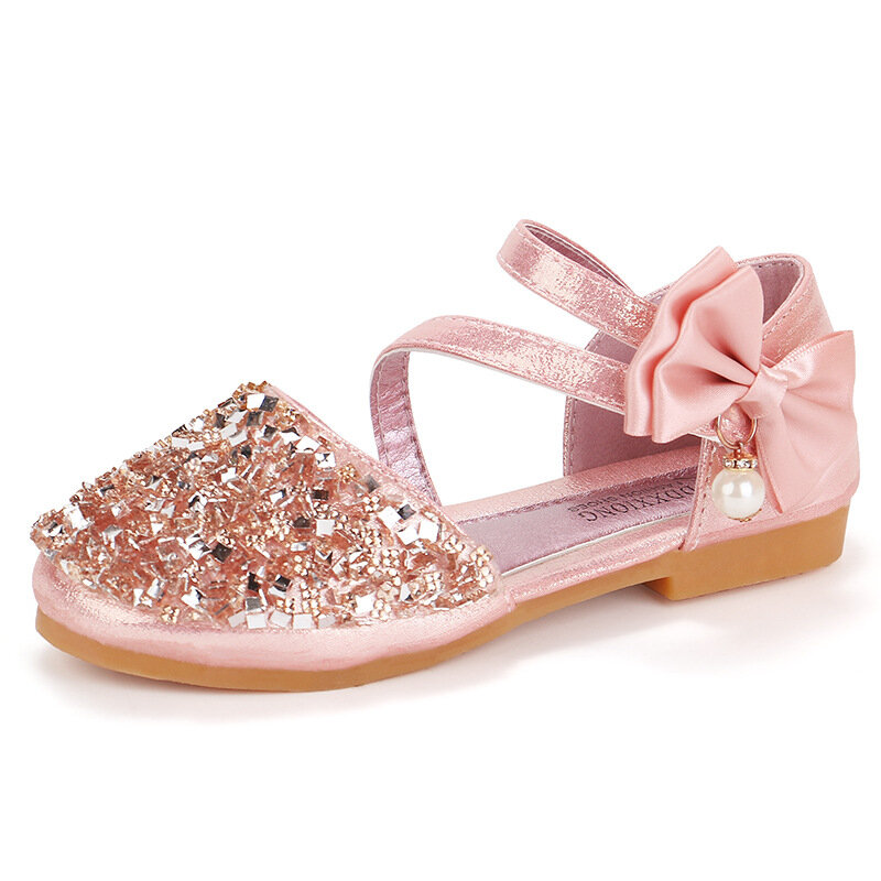 Spring New Children Leather Shoes Casual Girls Princess Flat Heel Party Shoes Fashion Sequins Bow Pearl Kids Shoes For Girls