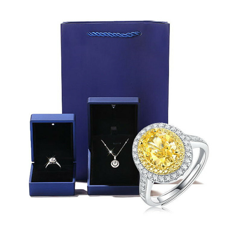 QALEDE แหวนสุภาพสตรี S925เงินคาร์บอนแหวนเพชร Noble อัญมณีสีเหลืองแหวนผู้หญิงปรับหัวเข็มขัดแหวนของข...