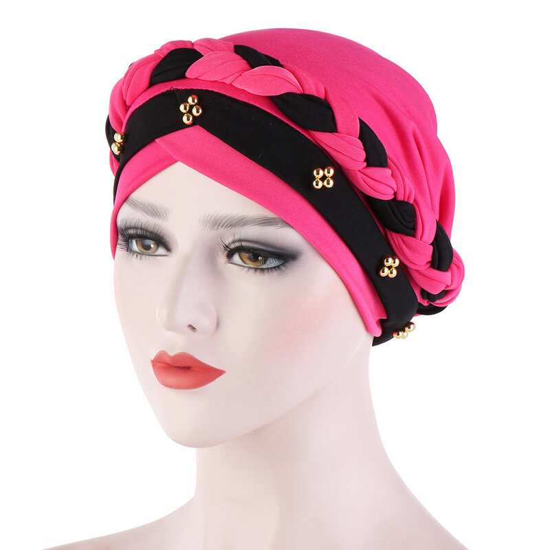 Mulheres tranças torcidas turbante chapéu hijab boné miçangas perda de cabelo cabeça capa headwear cabelo estilo acessório muçulmano cachecol