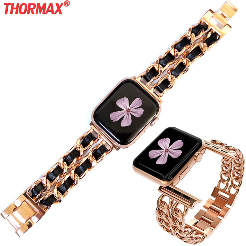 for Apple Watch 7 45mm 41mm 42 44 40 Watchbands Stainless Steel Chain With Leather Bracelet Strap band for iwatch Series 7 6 5 4