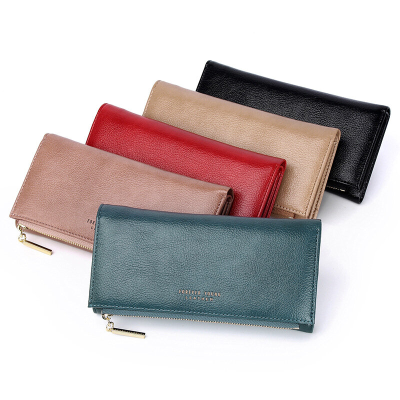 New Solid Color Large Capacity  Coin Purses Female Retro Long Zipper Phone Bag Leather Women's Wallets