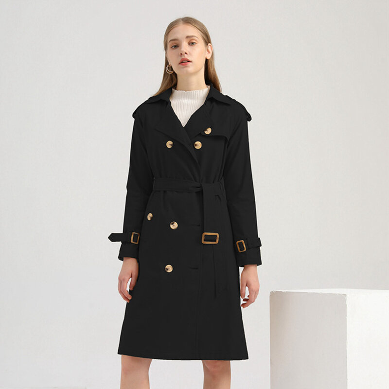 Primavera autunno moda donna giacca lunga cappotto Slim colletto rovesciato cintura doppio petto Outwear Trench Famale