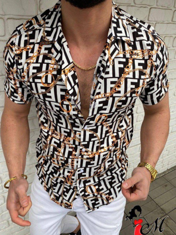 Mens Summer Print Shirt Turn-Down Collar Slim Fit Short Sleeve Shirt Hawaiian Top Blouse by Cianjue