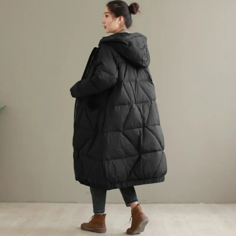 medium length hooded down coat women casual large size white eiderdown warm winter coat