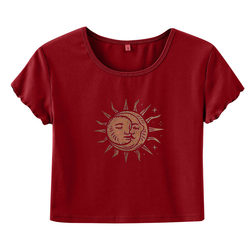 Fashion Sexy Tops Women 2021 Summer Sun Moon Print Navel T-shirt Short Sleeve Round Neck Top
