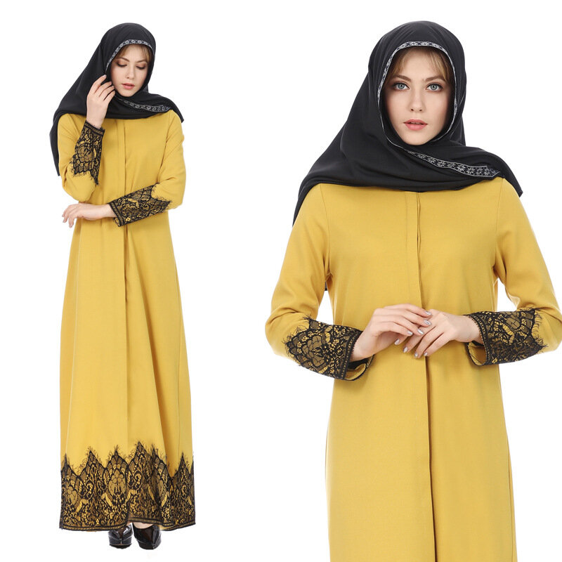 Abaya muçulmano vestido feminino rendas aparadas frente abaya muçulmano maxi kaftan kimono jalabiya vestidos turcos abaya femme ramadan