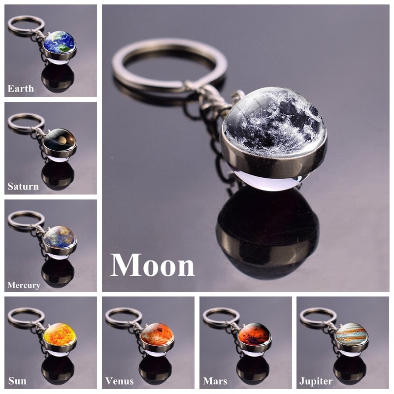 Porte-clés Double face en boule de verre, système solaire, galaxie, nébuleuse, espace, lune, terre, soleil, Mars, image artistique