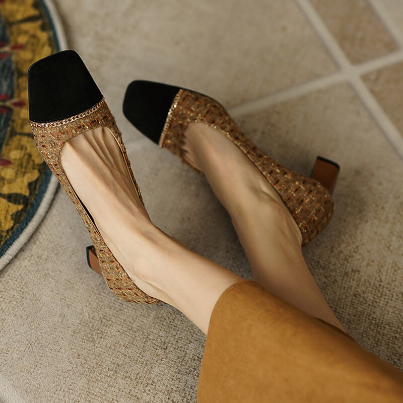 Scarpe di lusso con tacchi quadrati di marca scarpe da donna moda catena in metallo dorato scarpe da donna in Tweed décolleté da donna primavera Slip on scarpe da festa