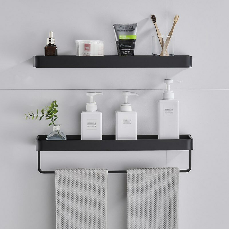 Toallero de aluminio negro para baño, estante de almacenamiento montado en la pared, bandeja, tocador, carrito de ducha, organizador de especias, 30/40/50cm
