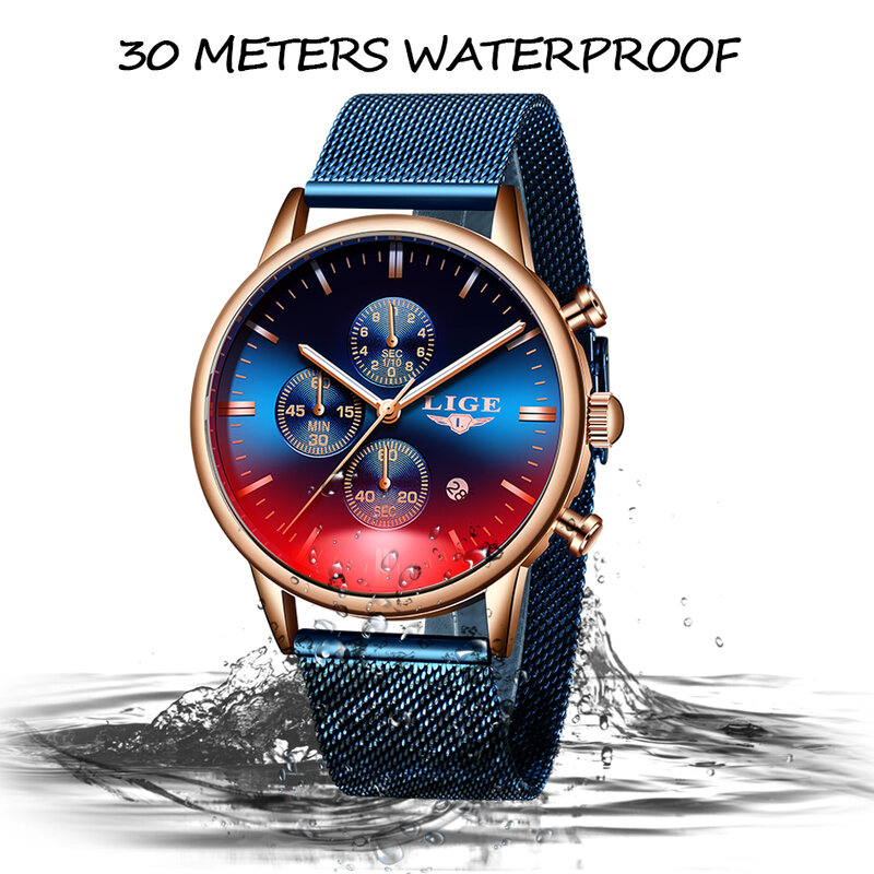 2021 LIGE New Unique Mens Watch Stainless Steel Mesh Belt Watches For Men Casual Sport Chronograph Waterproof Quartz Wrist Watch