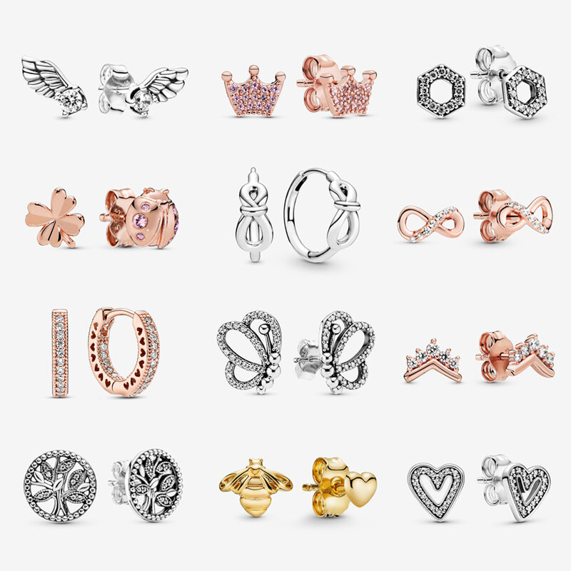 Brincos de prata esterlina 925, brincos de cristal com parafuso, joias femininas originais de ouro rosado, ladybug, borboleta, coração, brinco