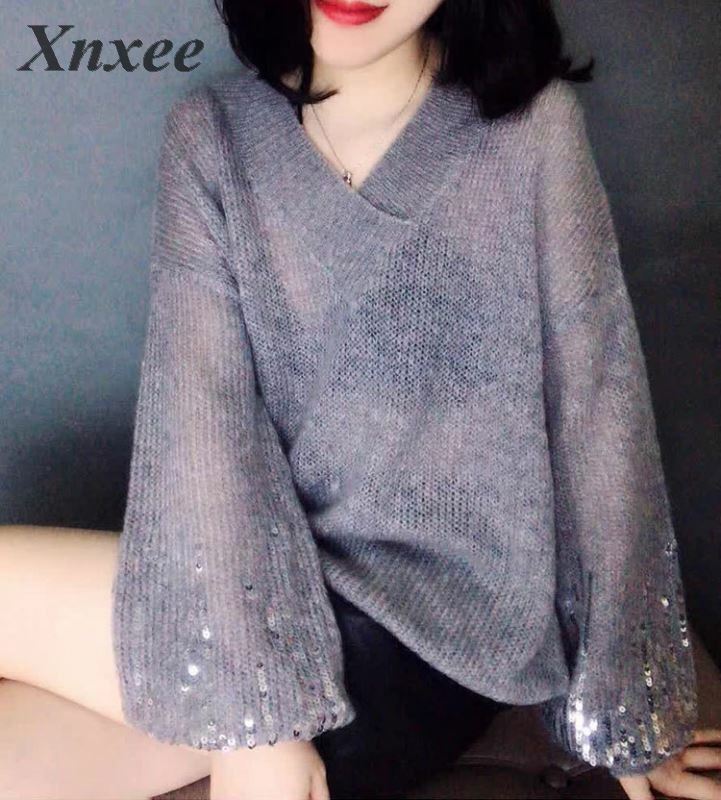 Glitter sequin sexy camisola de manga comprida coreano sweter