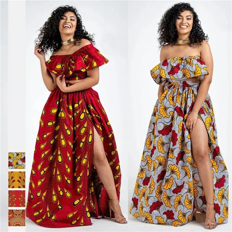 2020 News Ankara Style African Clothes Dashiki Print Top Skirts Fashion Feather Party African Dresses for Women Robe Africaine