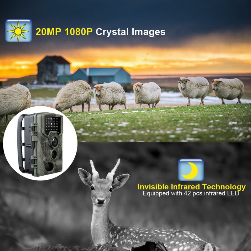 Kamera myśliwska 20MP 1080P kamera obserwacyjna Farm bezpieczeństwo w domu 0.3s czas wyzwalania Wildlife ukryta pułapka na zdjęcia HC800A nadzór