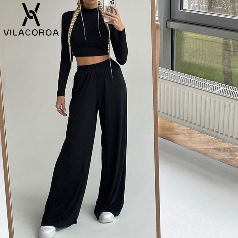 Turtleneck Basic Casual Sports Women Long-Sleeve Sets Slim T-Shirt High Waist Straight Trousers Two-Piece Suit Office Lady Suit