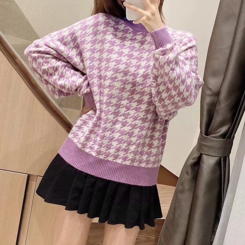 Suéter solto feminino tricô casual, decote redondo, manga comprida, high street