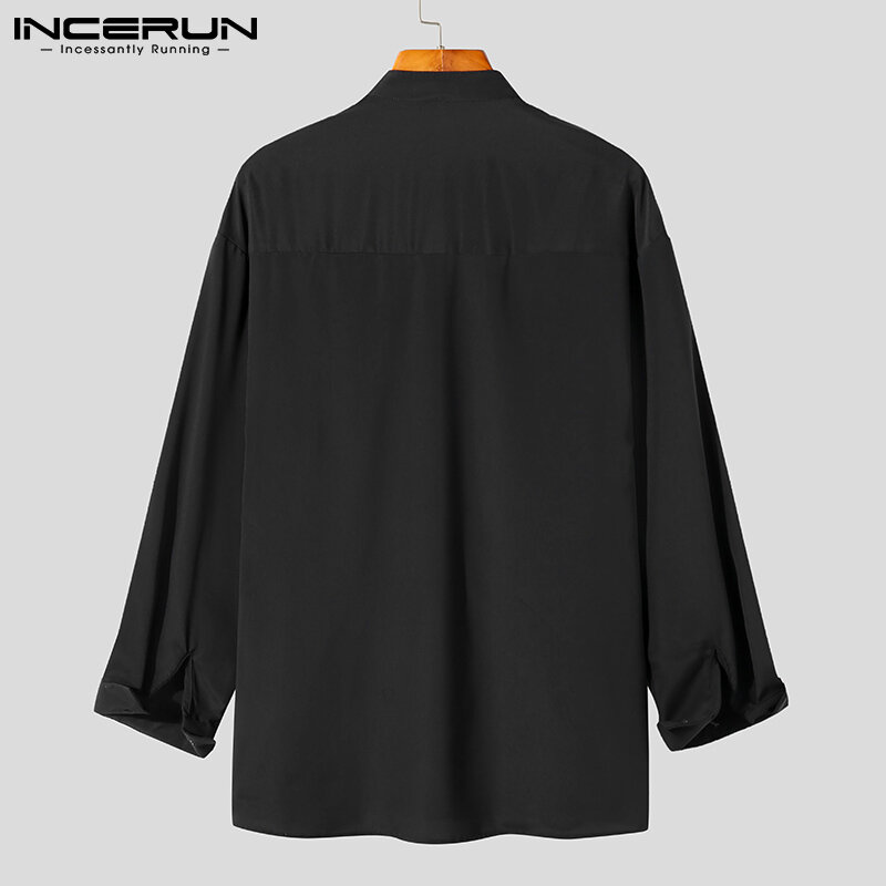 Топы INCERUN 2021, модная повседневная Стильная мужская однотонная блузка с длинным рукавом, на пуговицах, универсальные простые удобные костюмы...