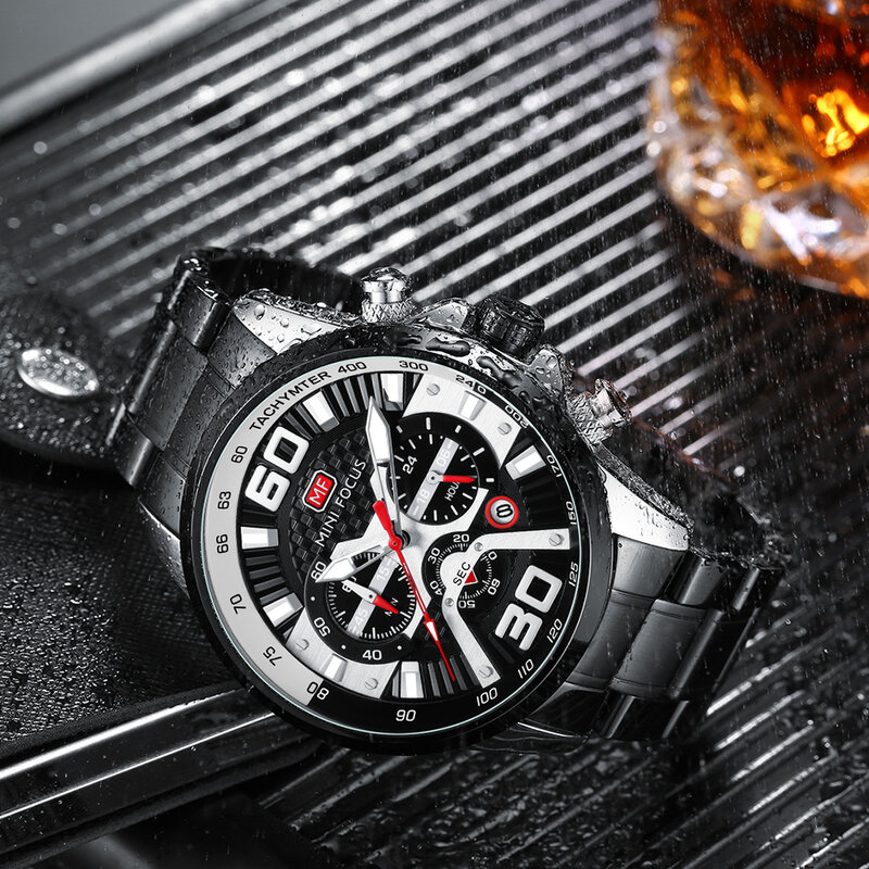 MINI FOCUS Mens นาฬิกาปฏิทิน Royal Luxury Top สีขาวสายหนังเหล็กนาฬิกาข้อมือนาฬิกาควอตซ์ Montre Homme Luxe