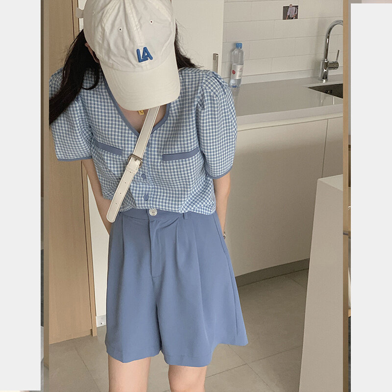 2021 년 여름 여성용 셔츠 새 프렌치 체크 무늬 v 넥 슬림 반팔 세련된 나이 감소 셔츠 세련된 2 피스 세트 탑스