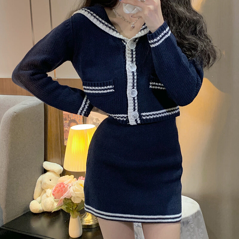 Women's Skirt Suit Autumn 2021 Korean Loose Navy Collar Foreign Style Age Reduction Versatile Contrast Color Long Sleeve Sweater