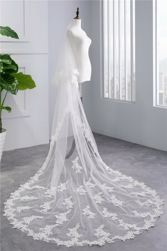 NZUK Real Photo 3 Meters Long Full Edge Lace Wedding Veil Two Layers velos de novia catedral Tulle Bridal Veil with Comb